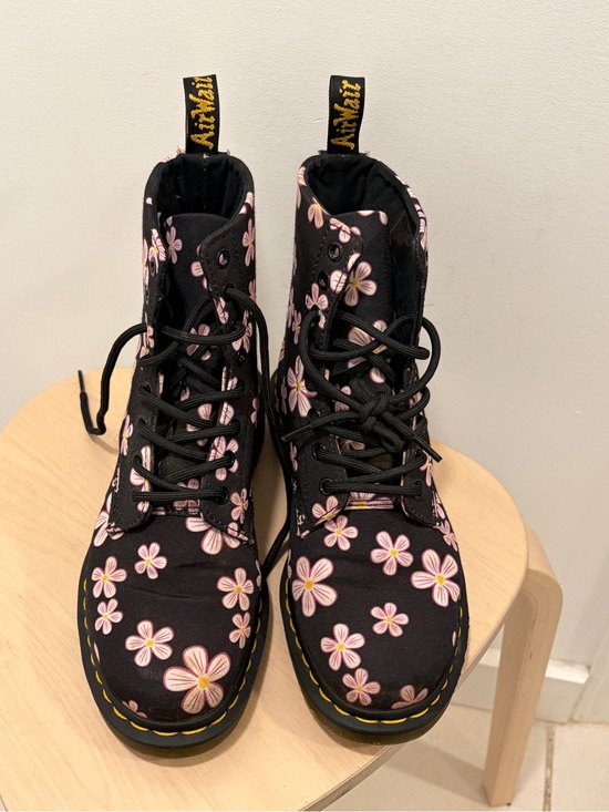 Dr. Martens Shoes - Dr. Martens Black Canvas Boots Page Meadow with Pink and Yellow Floral Trim